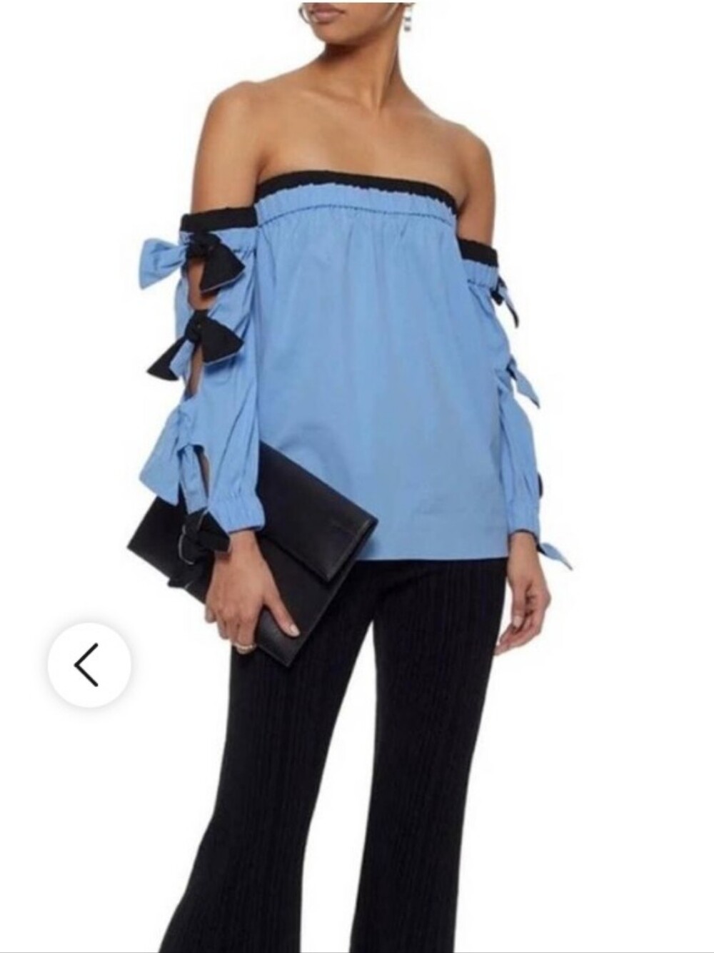 Milly Blythe Off-Shoulder Blue Tie-Sleeve Top with Black Trim Women's Size Small